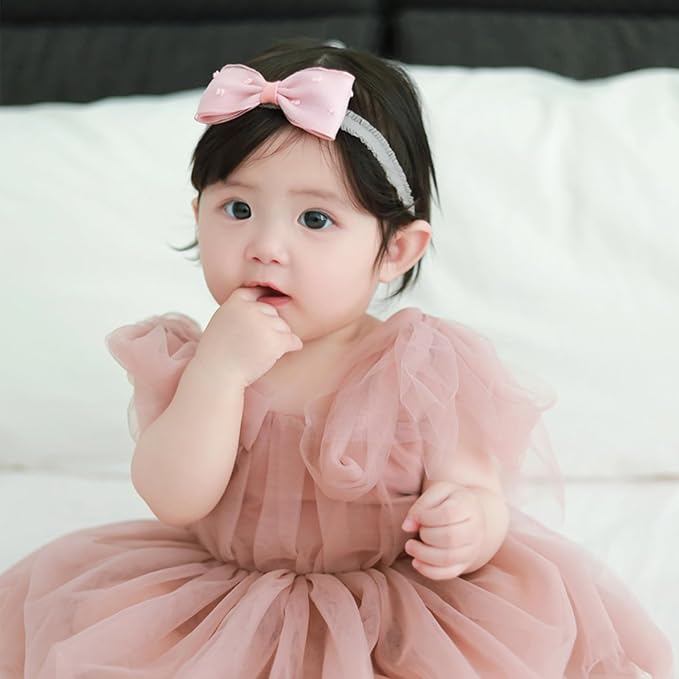 Baby Girls Hairbands Bow Lace Headband Handmade Soft Stretchy Pink Bowknot Hairbands Newborn Hairband with Bows Elastic Hair Bands for Kids Infant(Pink Polka Dot Bow