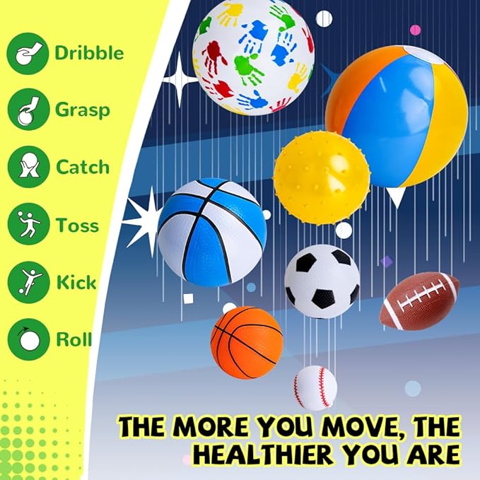 Balls for Toddlers 1-3,Toddler Sports Toys,Set of 7 Kids Ball Soft Foam Baby Sports Balls- Soccer Ball Basketball Baseball Rugby Bounce Ball Playground Indoor Outdoor Toys Gifts,with Free Bump/Bag