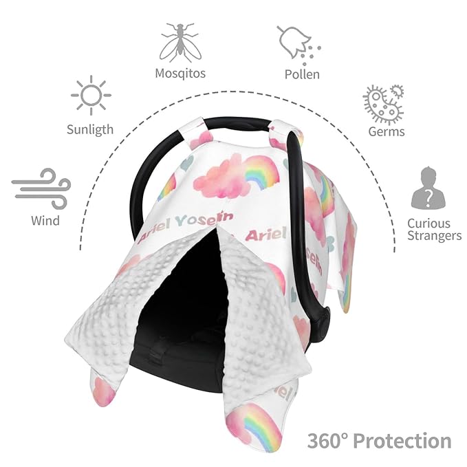 Personalized Baby Car Seat Cover Canopy with Name for Girls Boys Custom Pink Rainbow Baby Carrier Covers