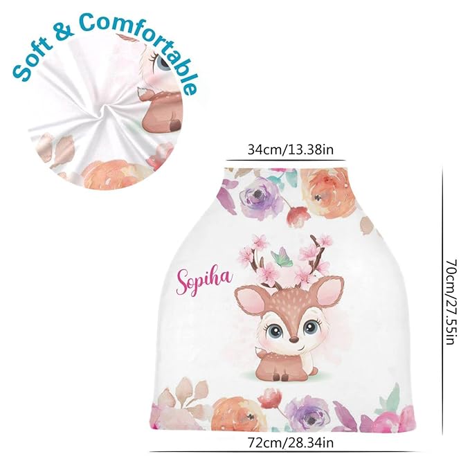 Personalized Baby Car Seat Covers with Name, Custom Nursing Cover Breastfeeding for Babies, Carseat Canopy for Girls, Infant Stroller Cover for Winter, Breathable Carseats Cover (Little Cute Deer)