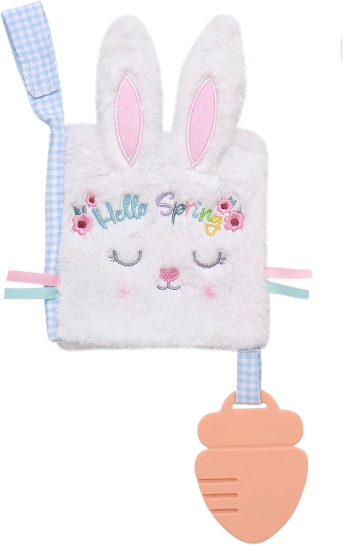 Soft Plush 5 inches Crinkle Activity Book with Teether, Satin Ribbons and Travel Strap, Hello Spring Embroidery, White Bunny, Easter