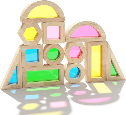 WOODENFUN Wood Building Blocks Set for Kids,Rainbow Stacker Stacking Game Construction Toys Set Preschool Colorful Learning Educational Toys, Geometry Wooden Blocks for Boys Girls