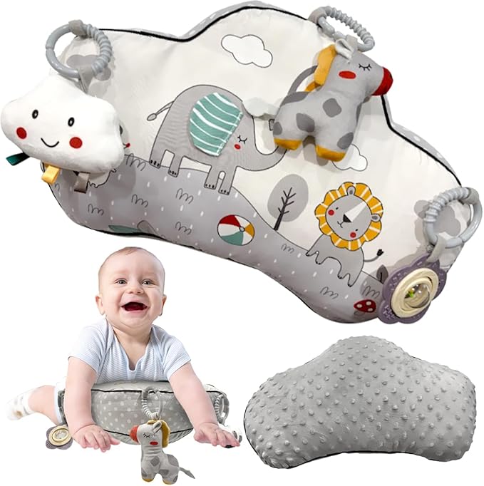 Tummy Time Activity Toy with 3 Detachable Sensory Toys | Baby Tummy Time Pillow for Infants 0-9 Months | Soft Breathable Tummy time Wedge Pillow with Rattle, Crinkle & Teether Toys