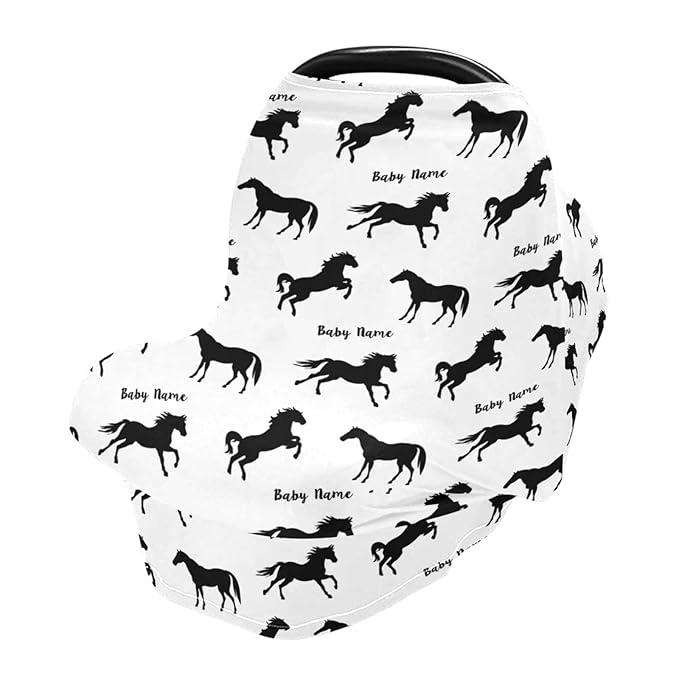 Personalized Baby Car Seat Cover for Babies, Custom Name Baby Car Seats Canopy for Boys Girls, Running Horse Nursing Breastfeeding Stroller Covers for Infant Newborn, Shower Gift for Baby