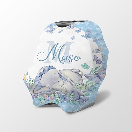 Personalized Baby Car Seat Cover Stroller Canopy: Custom Name Newborn Baby Boy Girl Elastic Sleeping Elephant Nursing Cover for Moms First Birthday Gift Blue(one Size)