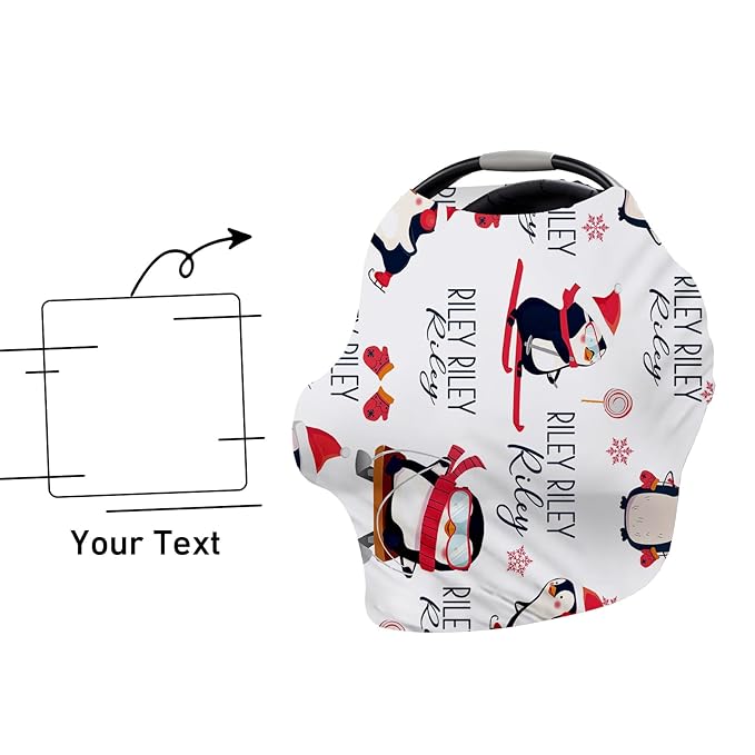 Personalised Car Seat Cover for Babies - Multi-use Carseat Canopy Cover Red Penguin Print with Name, Car Seat Covers, Christmas Birthday Gifts for Infant Boys and Girls(27"x29")
