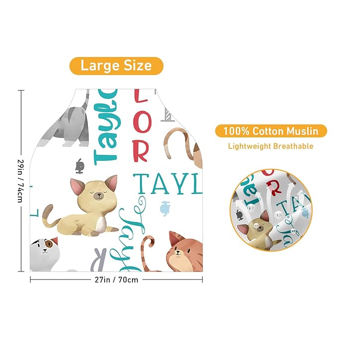Personalised 7 in 1 Car Seat Cover for Girls and Boys - Multipurpose Breast Feeding White Cat Print Cover, Nursing Cover, Grocery Cart Cover - Birthday Gift for Babies(27"x29")