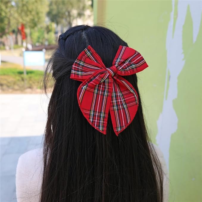 Sugarmelon Set of 6 Tartan Bow Hair Clips for Baby Girl and Mom Women Plaid Headbands Scrunchies Scottish Tartan Hair Bows for School Girls (6 pcs Tartan Red)
