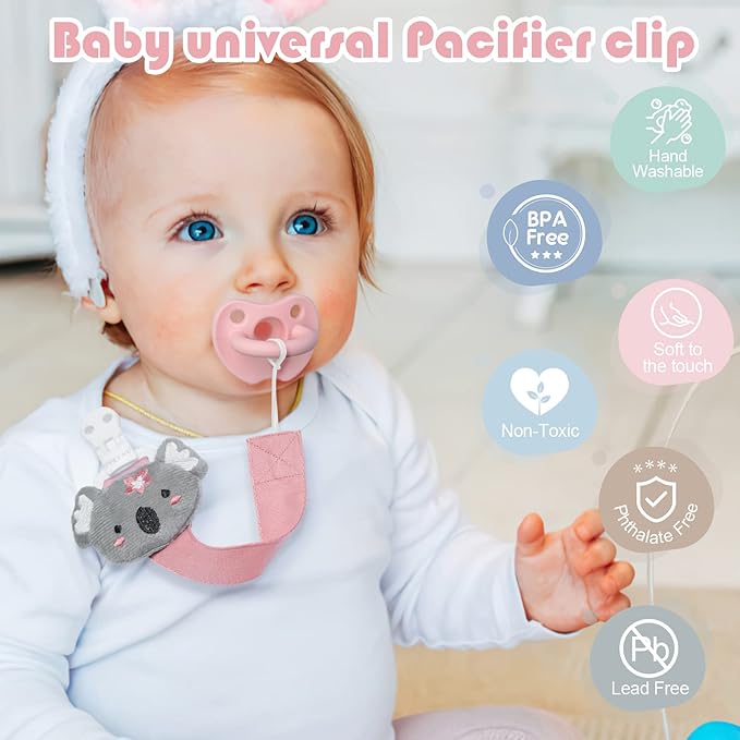 TYRY.HU Pacifier Clip for Baby Girls, 2 Pack Neutral Pacifier Holder Clip for Boys, Soft Webbing Soothie Stuffed Animal Binky Clips Fit All Pacifiers, Cute Baby Birthday Christmas Gift (Koala, Fox)