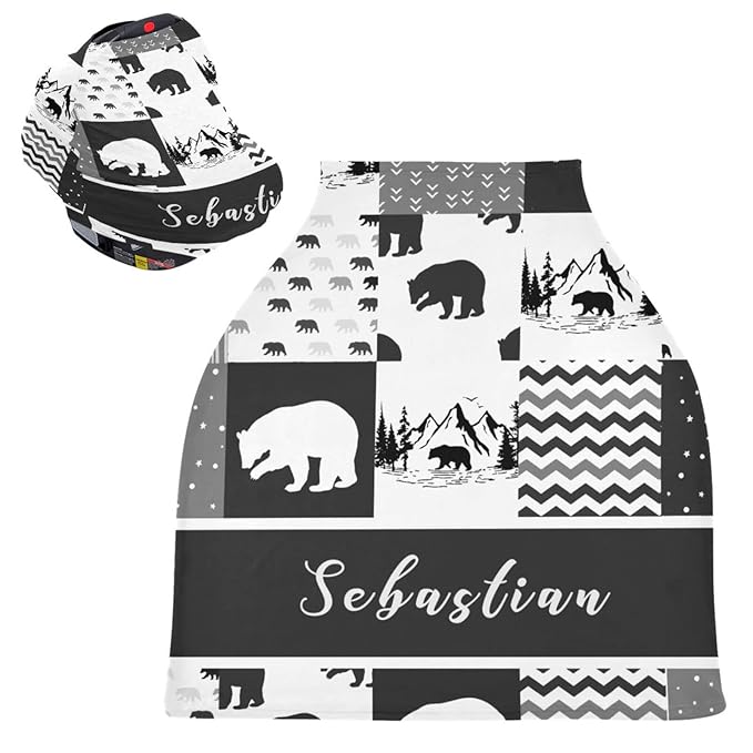 Personalized Baby Name Car Seats Cover for Boys Girls，Cutomized Woodland Bear Nursing Cover Multiuse Breastfeeding Scarf Infant Car Canopy Shower Gifts for Babies Newborn Infant