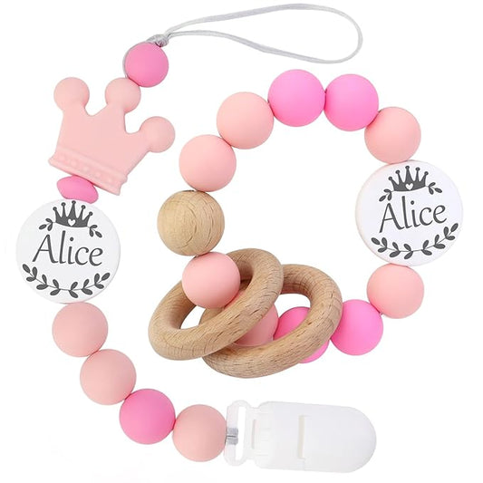 Personalized Rattle with Name can be Used with a Customized Pacifier Clip for Boy and Girl Gift (Set) (Pink)