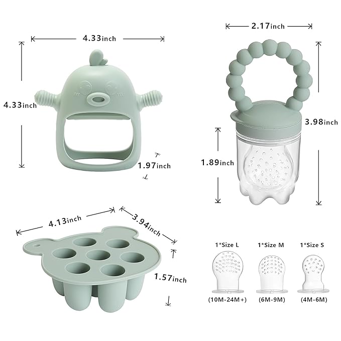 6-in-1 Baby Fruit Feeder Pacifier & Baby Food Feeder Set – Silicone Breastmilk Popsicle Mold with Freezer Tray, Teething Relief Toy, BPA Free Infant Feeder, 3 Sizes (S/M/L) Sacs (Pea Green)