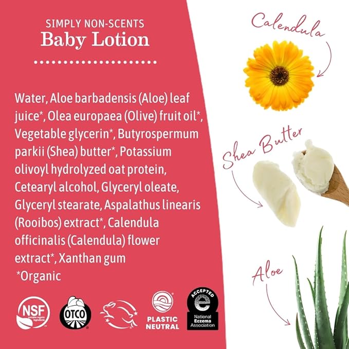 Earth Mama Simply Non-Scents Baby Lotion for Dry Skin, Calendula Cream for Newborn Skin Care, Children's Moisturizer with Aloe Juice, Rooibos, & Shea Butter, Fragrance Free, 8-Fl oz (2-Pk)