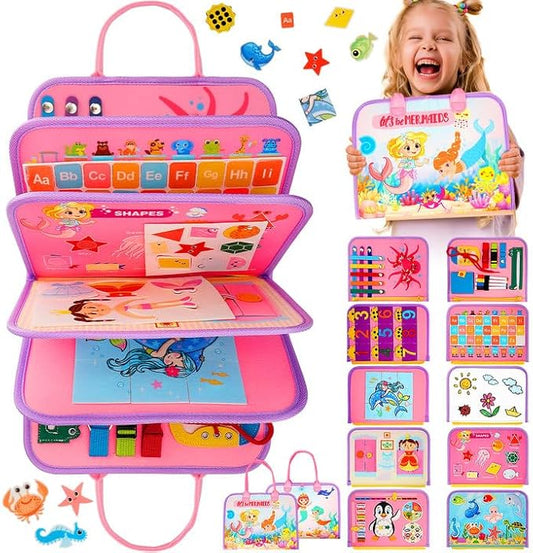 SaFeli Toddler Busy Board, Montessori Toys for Toddler Girl Birthday Gifts, Learning Toys Sensory Busy Book Toys for Toddlers, Travel Educational Book for Airplane Car | Birthday Gift for Girls, Pink