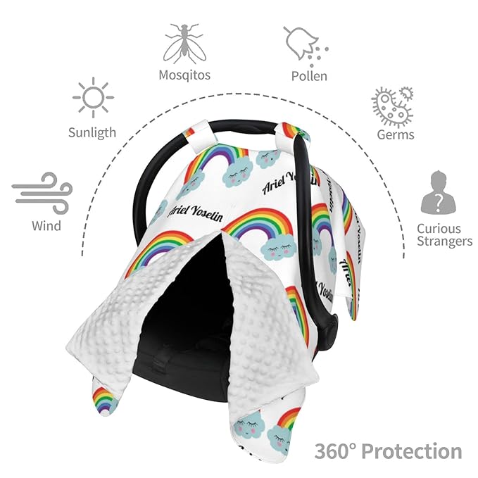 Personalized Baby Car Seat Cover Canopy with Name for Girls Boys Custom Rainbow Baby Carrier Covers