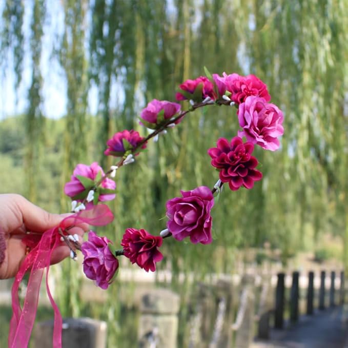 AKOAK 1 Pack Flower Crown, Bohemian Wreath for Girls Floral Tiara, Wedding Headband, Bride Bohemian Wreath/Baby Shower/Photo/Toddler (Rose Red)