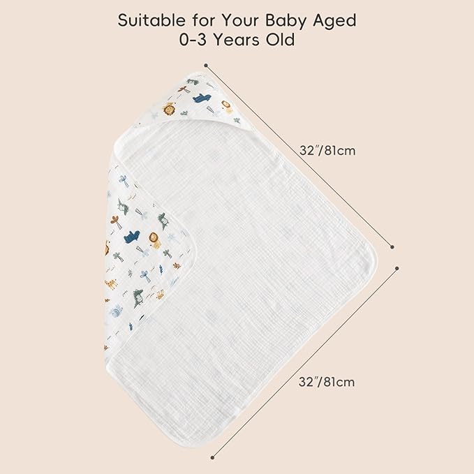 PHF 100% Muslin Cotton Baby Hooded Towels, 2 Pack Bath Towel with Hood for Newborn, Infant, Toddler, Ultra Soft and Absorbent Baby Bath Essentials, Shower Gifts for Boys, 32x32Inch, Woodland