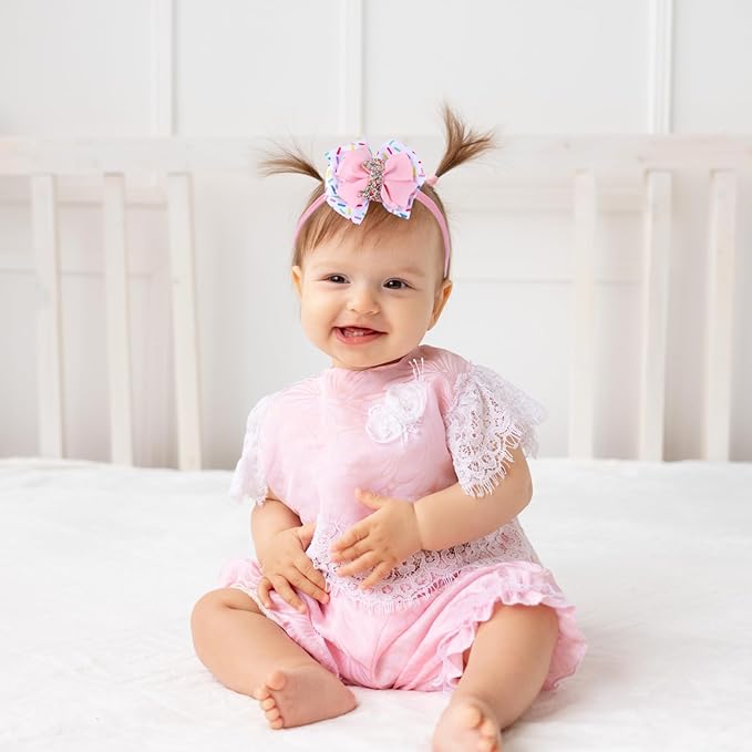 2pcs Birthday Hair Bow for Baby Girls, Sprinkle Confetti 1st Birthday Girl Headband, Ice Cream Party Theme Bow Clips for Baby Girls Pink Hair, Happy 1st Birthday Girl Hair Bow Clips