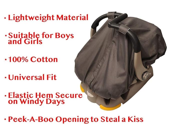 Elisabeth Nielsen Baby Car Seat Canopy Cover with Peek-a-Boo Opening | Universal Fit for Boys & Girls | Lightweight, Breathable, Gray Cotton | Bonus Burp Cloths