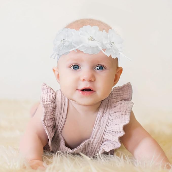 Fmeida Flower Headband for Baby Girl Floral Headbands Crown Baptism Hairband White Hair Accessories
