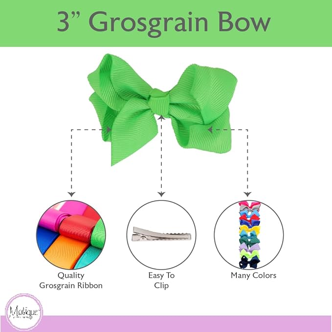 3 Inch Grosgrain Bow for Little Girls- Set of 2 (Lime Green)