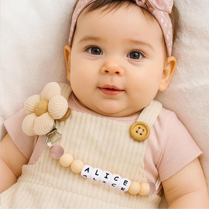 Personalized Baby Flower Pacifier Clip with Name, Custom Floral Flower Pacifier Clip Baby Accessories (B)