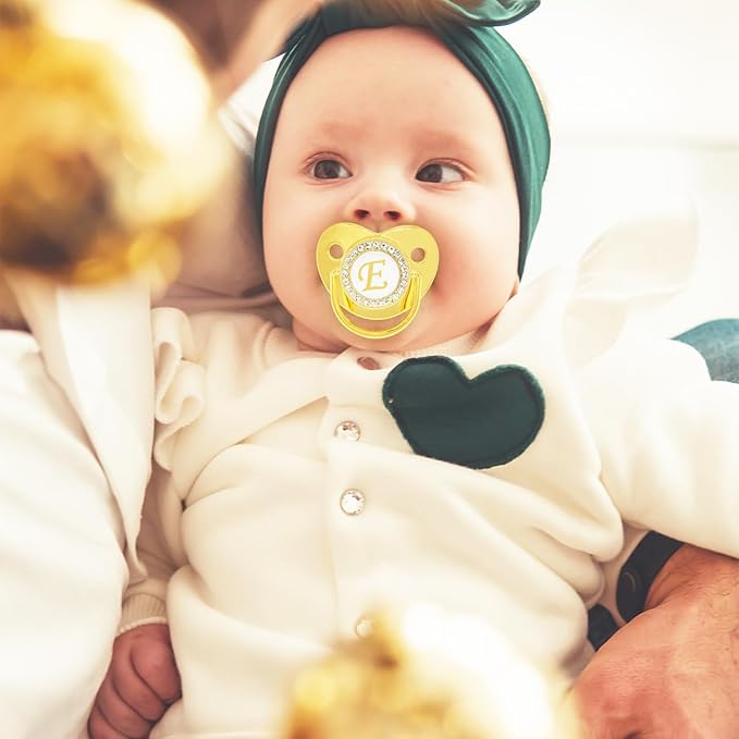 Bling Personalized Golden Baby Pacifier with Pacifier Clips and Anti-dust Cover A-Z 26 Letters(Gold,E)