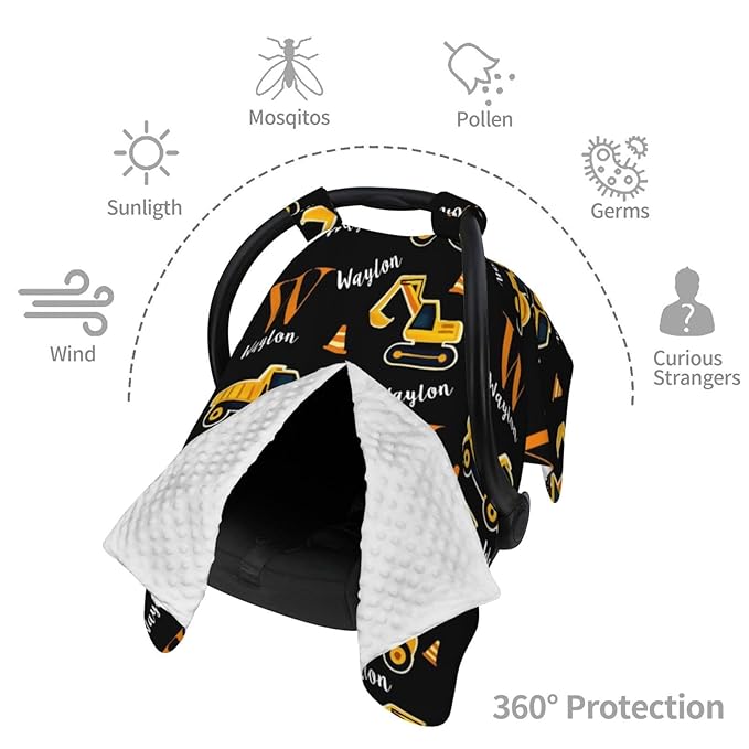 Customized Baby Car Seat Cover with Name, Personalised Engineering Vehicle Baby Carseat Canopy for Boys, Multi-use Nursing Breastfeeding Covers for Infant Newborn, Shower Gifts for Babies