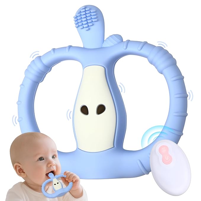 Vibrating Teether for Baby with Remote Control - Chewy Sensory Toy for Teething & Autism, 10-Speed Vibration Modes, USB Rechargeable, Food Grade Silicone Teether for Sensory Seekers (Blue)