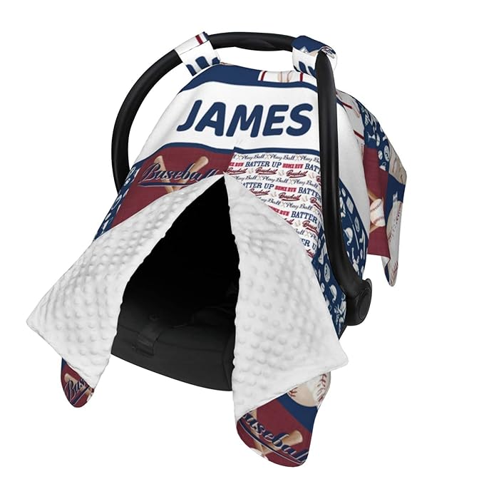 Personalized Baby Car Seat Canopy for Boys and Girls, Custom Name Baby Car Seats Covers for Babies, Opening Minky Nursing Breastfeeding Stroller Cover Infant Carseat Canopies for Newborn (Baseball)