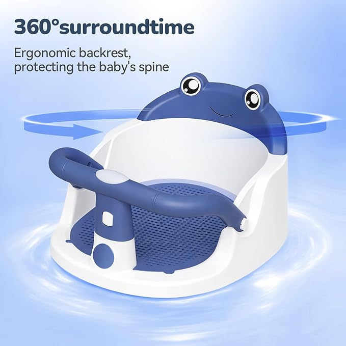 Baby Bath Seat for Babies 6 Months & Up - One-Handed Snap-On Armrest Baby Bath Chair | 4 Suction Cup Non-Slip Baby Bathtub Seat with Storage Bag | Ergonomic Infant Bath Seats for Baby Sitting Up Blue
