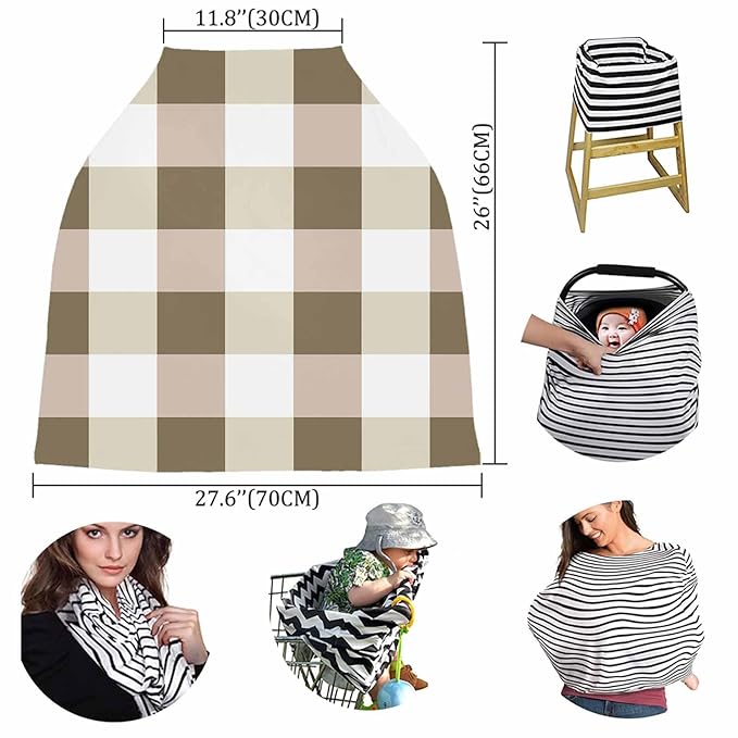 Brown Plaid Car Seat Covers for Babies, Spring Buffalo Checkered Lattice Geometric Nursing Breastfeeding Covers Stretchy Breathable Baby Carseat Canopy Cover for Girls and Boys Shower Gifts
