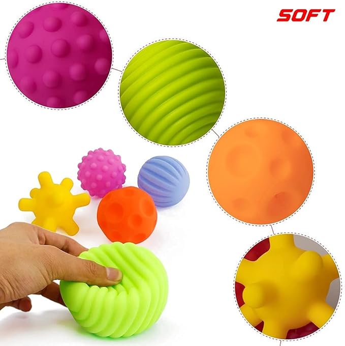 Sensory Balls for Toddlers - Textured Multi Ball Set for Babies, 6 Colorful Soft and Squeezy Sensory Toys with Stacking Cups Baby Rattle Ball - Stress Relief & Sensory Developmental Toy for Kids