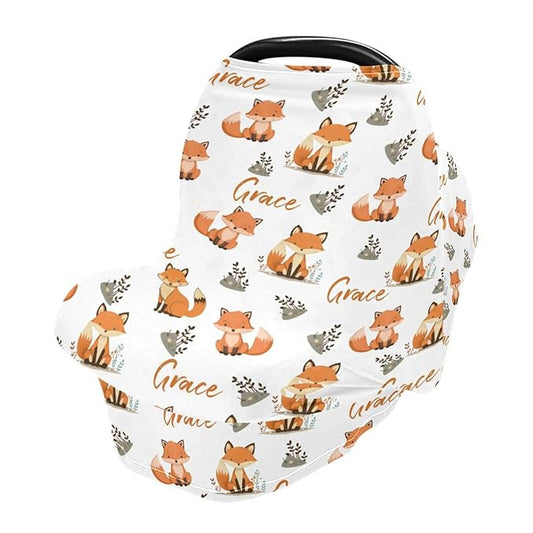 Personalized Cute Fox Baby Car Seat Covers for Girls Boys, Customized Baby Carseat Cover with Name, Breathable Nursing Cover Breastfeeding Scarf, Multi-Use Stroller Canopy for Newborn Infants