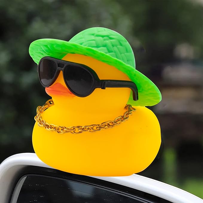 wonuu Car Rubber Duck, Yellow Duck Decoration Dashboard with Sun Hat Swim Ring Necklace Sunglasses for Car Dashboard Decorations