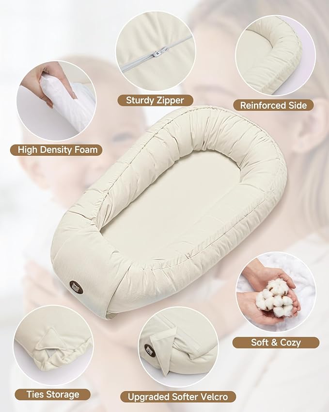 Baby Lounger, Adjustable Baby Lounger for Newborn 0-24 Months, Breathable & Soft Infant Lounger,Tummy Time Lounger for Home and Travel,Baby Girls & Boys Babies Stuff, Mother's Day Gift for Her, Beige