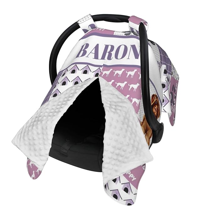 Personalized Minky Car Seat Canopy for Girl Boy, Custom Name Stroller Car Seat Covers Cover for Infant Newborn Shower Gift, Nursing Opening Carseat Cover for Breastfeeding, Dog Purple Theme
