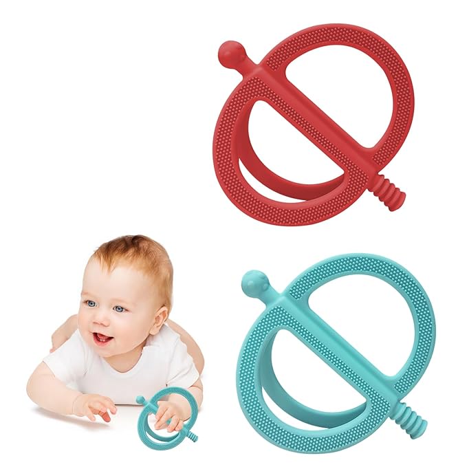 Baby Teething Toy, Nipple-Shaped with Easy-Hold Handle, Anti-Choking Design for Teething Relief, Teethers for Babies 0-36 Months, Textured Chewing Toys for Infants Toddlers (Red+Green)