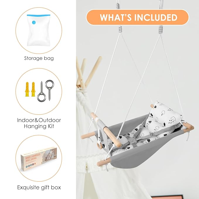 Baby Swing for Infants to Toddlers,Indoor Outdoor Wooden Hanging Swing Seat with Safety Belt and Mounting Hardware, Suitable for Ages Up to 3,Little Cloud