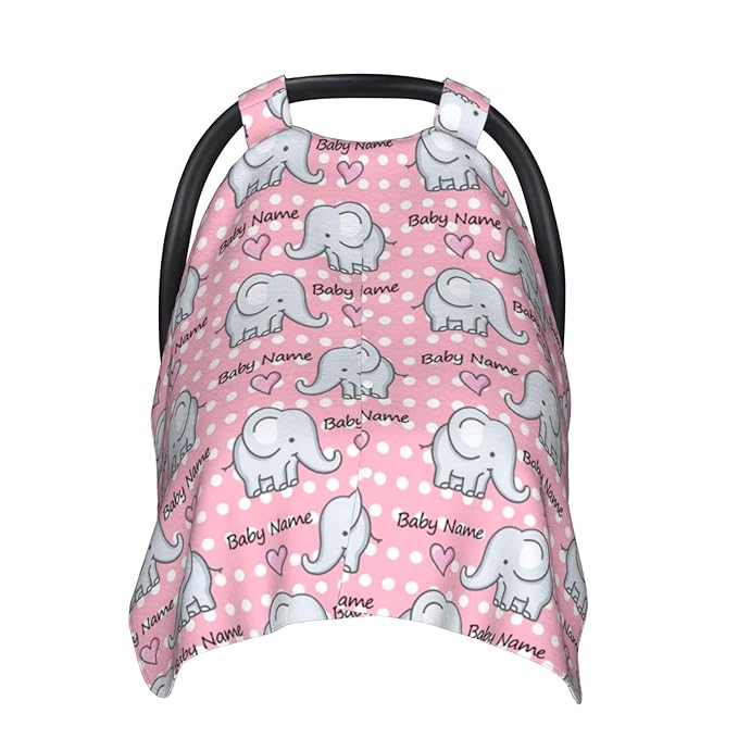Personalized Elephant Baby Car Seat Canopy for Baby with Name, Custom Light Weight Minky Pink Covers for Baby Kids Girl, Nursing Breastfeeding Stroller Cover Canopies for Newborn
