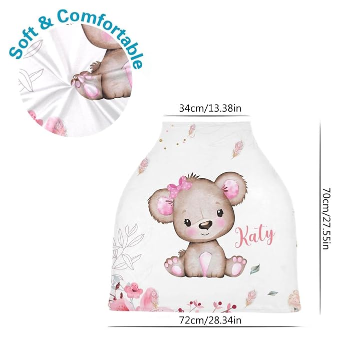 Personalized Baby Car Seat Covers with Name, Custom Nursing Cover Breastfeeding for Babies, Carseat Canopy for Girls, Infant Stroller Cover for Winter, Breathable Carseats Cover (Cute Little Bear)