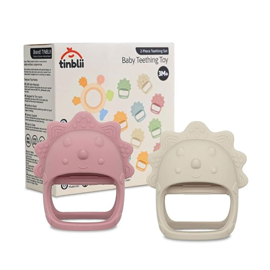 Baby Teething Toys 2 Pack, Dinosaur Mitten Teether and Ring Sun Teether with 6 Chewing Points, Silicone Chew Toys for Infants 0-6 6-12 Months, BPA Free Soothing Gum Relief Set (Two Colors)