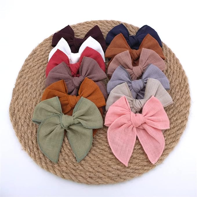 12 PCS Linen Bow Hair Clips for Baby Girls Hair Bows Alligator Clips Accessories Infants Toddler Kids Hairgrips (Linen Fable Bow 4'')