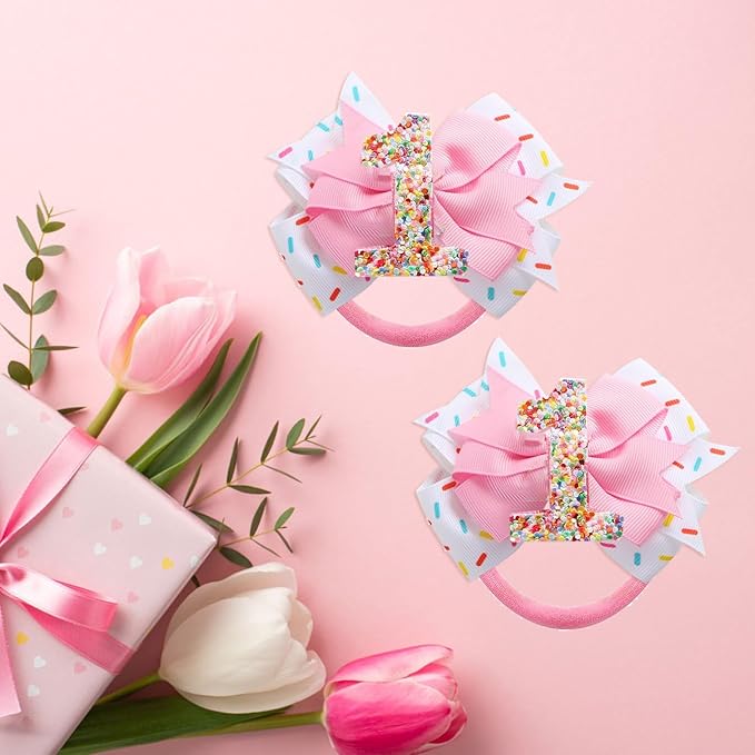 Birthday Hair Bow for Baby Girls - 2Pc Pink Sprinkle Bow Hair headband for 1st Birthday Glitter Ice Cream Baby Bow Party Decorations for Girls Toddlers Hair Accessories (Pink-1 Years-headbands)