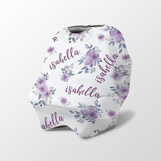 Personalized Baby Car Seat Cover Stroller Canopy: Custom Name Newborn Baby Girl Elastic Purple Flowers Nursing Cover for Moms First Birthday Gift(one Size)