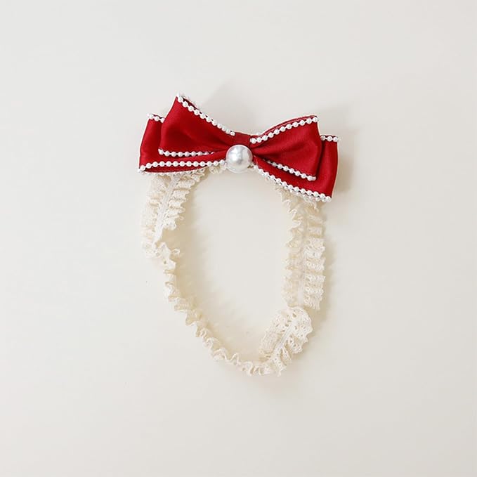 Bow Lace Headbands for Baby Girls Soft Tulle Ribbon Pearl Head Wrap Elastic Bow-knot Hair Band Shower Birthday Hair Accessory for Newborn Infant Toddler (Red A, Elastic)
