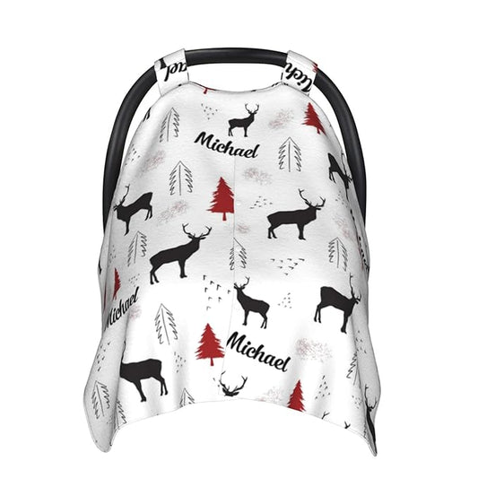 Personalized Woodland Deer Baby Infant Car Seats Canopy for Babies with Name, Custom Lightweight Covers for Baby Boys Girls, Minky Nursing Breastfeeding Stroller Cover Canopies for Newborn