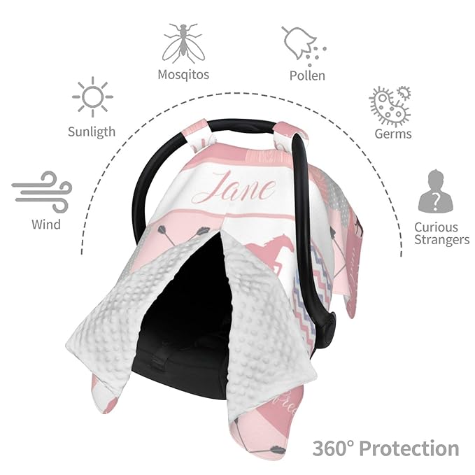 Personalized Baby Car Seat Canopy for Baby Girls, Custom Name Horse Pink Baby Car Seat Covers for Babies, Opening Minky Nursing Breastfeeding Cover for Infant, Carseat Canopies for Newborn