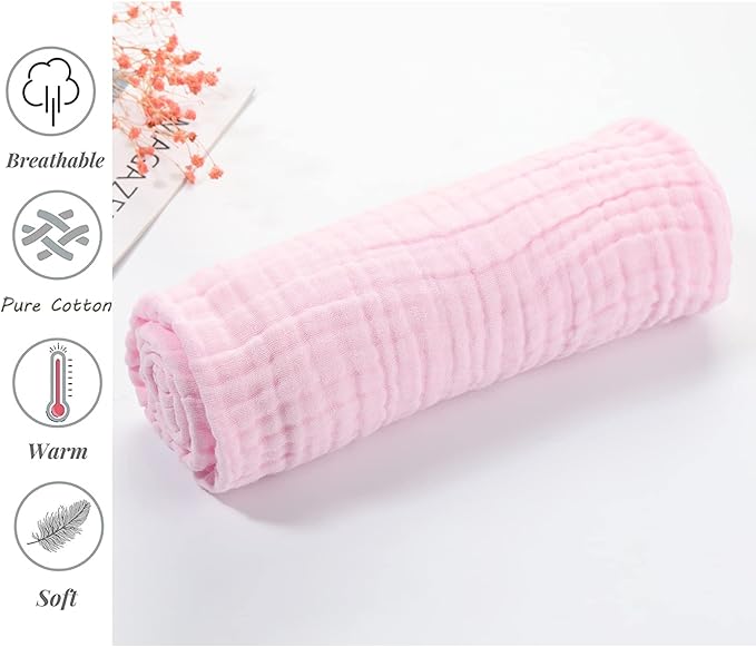 YEBON ProC 2Pcs Baby Muslin Bath Towels, Super Soft Cotton Bath Towel 6 Layers Infant Newborn Swaddle Blanket 41.3 X41.3 Inches,Baby Registry as Shower (Pink)