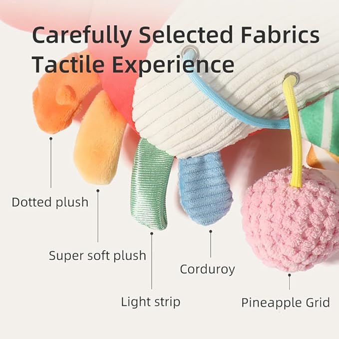 Crab Car Seat & Stroller Toy for Babies 0-12 Months, Sensory Hanging Toy with Rattle, Mirror, Squeaker, BPA-Free Pull Strings, Fine Motor Skills Baby for Newborn Infant Boy Girl
